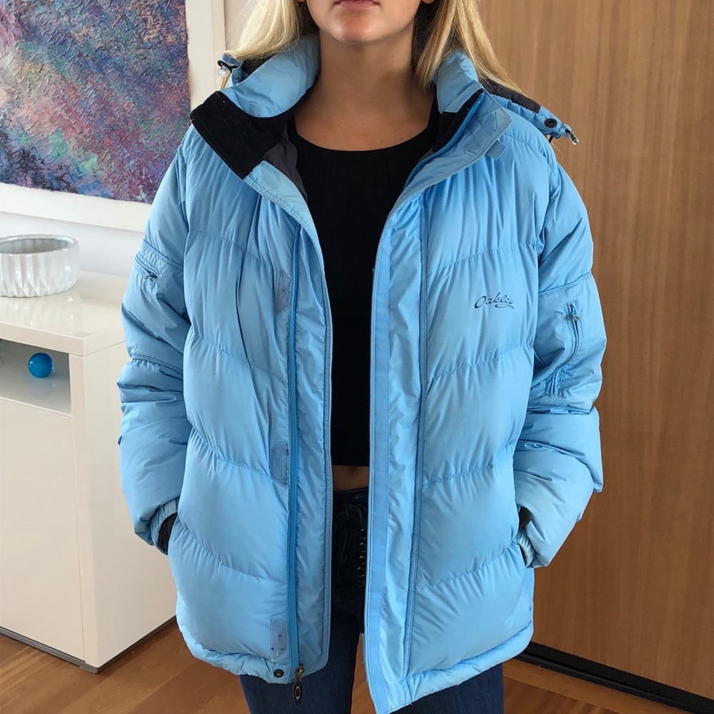 Blue Oakley puffy jacket.